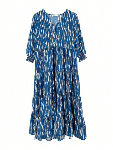 Women's Printed Polka Dot V-Neck Mid-Sleeve Long Dress