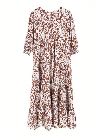 Women's Printed Polka Dot V-Neck Mid-Sleeve Long Dress