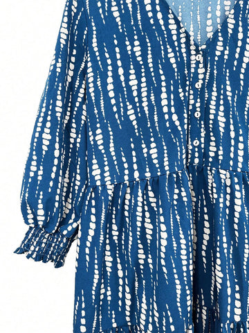 Women's Printed Polka Dot V-Neck Mid-Sleeve Long Dress