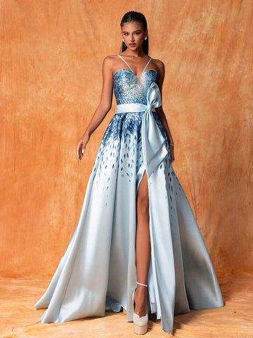 Women's Printed Splicing Mesh Cami Dress Sleeveless Elegant Party Evening Dress