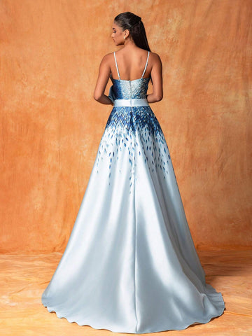 Women's Printed Splicing Mesh Cami Dress Sleeveless Elegant Party Evening Dress