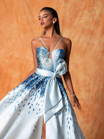 Women's Printed Splicing Mesh Cami Dress Sleeveless Elegant Party Evening Dress