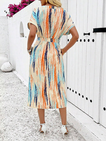 Women's Printed Vacation Style V-Neck Belted Dress