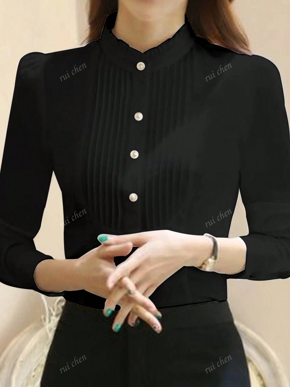 Women's Professional Long Sleeve White Collared Blouse Top, Large Size, Spring/Autumn