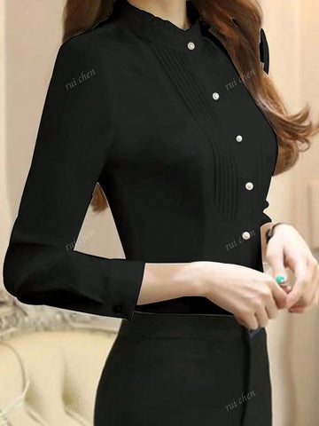 Women's Professional Long Sleeve White Collared Blouse Top, Large Size, Spring/Autumn