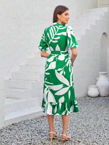 Women's Puff Sleeve Shirt Dress With Leaf Print