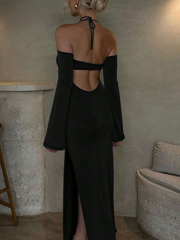 Women's Pure Color Hollow Out Halterneck Dress With Slit