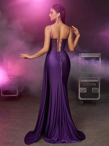 Women's Purple Herringbone Sleeveless Adjustable Shoulder Strap Open Slit Side Trailing Evening Dress With Plunging Back (Deluxe Edition)