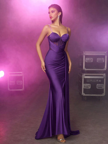 Women's Purple Herringbone Sleeveless Adjustable Shoulder Strap Open Slit Side Trailing Evening Dress With Plunging Back (Deluxe Edition)