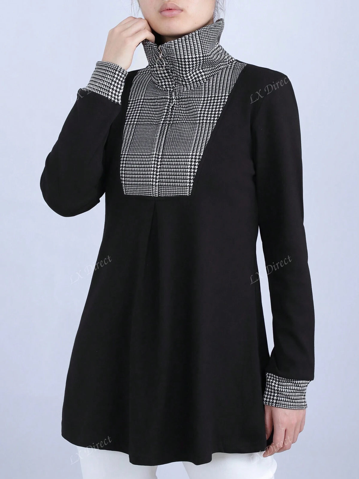 A-Line Plaid Mid-Length Tunic Top, Waist Cinched Pullover Sweatshirt Jacket