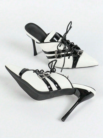 Women's Racing-Themed High Heel Pumps, Pointed Toe Two-Tone Patent Leather Elegant & Glamorous Mule