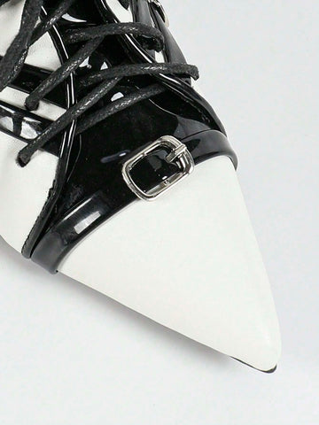 Women's Racing-Themed High Heel Pumps, Pointed Toe Two-Tone Patent Leather Elegant & Glamorous Mule