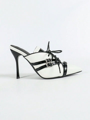 Women's Racing-Themed High Heel Pumps, Pointed Toe Two-Tone Patent Leather Elegant & Glamorous Mule
