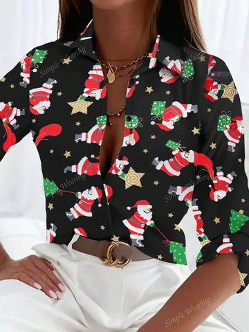 Women's Random Print Button Down Casual Long Sleeve Shirt