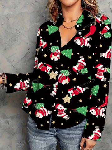 Women's Random Print Button Down Casual Long Sleeve Shirt