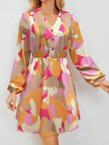 Women's Random Print Long Sleeve Dress