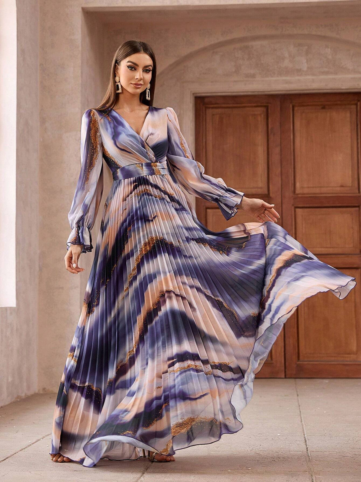 Women's Random Printed V-Neck Abaya Dress