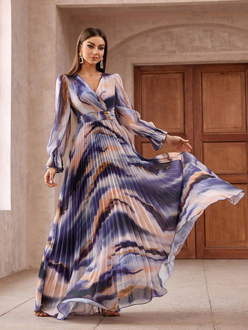Women's Random Printed V-Neck Abaya Dress