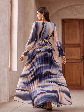 Women's Random Printed V-Neck Abaya Dress