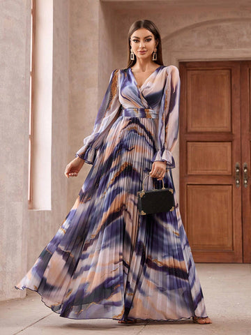 Women's Random Printed V-Neck Abaya Dress