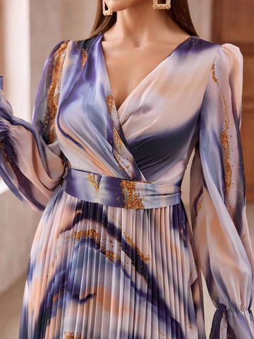 Women's Random Printed V-Neck Abaya Dress
