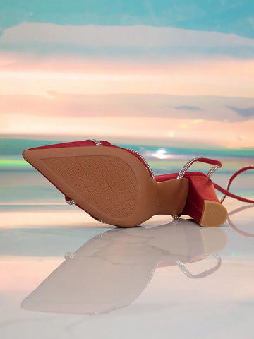 Women's Red Rhinestone Embellished Pumps, Spring/Autumn 2024 New Fashion