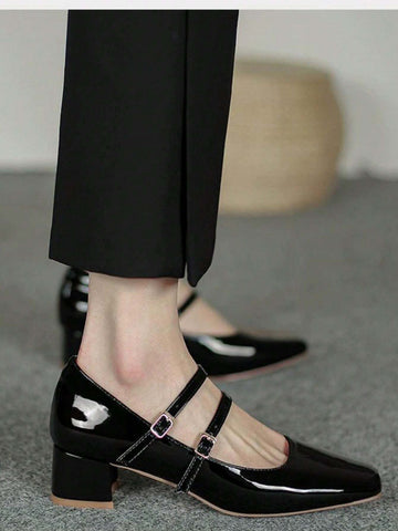 Women's Red Square Toe Glossy Buckle Decor Platform