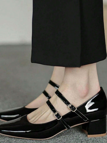 Women's Red Square Toe Glossy Buckle Decor Platform