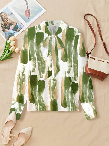 Women's Regular Fit Long Sleeve Bow Collar Floral Print Blouse (Fall Clothes)