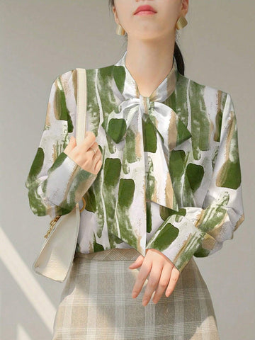 Women's Regular Fit Long Sleeve Bow Collar Floral Print Blouse (Fall Clothes)