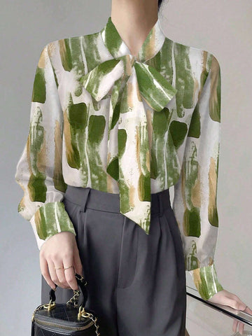 Women's Regular Fit Long Sleeve Bow Collar Floral Print Blouse (Fall Clothes)