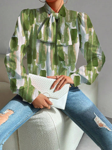 Women's Regular Fit Long Sleeve Bow Collar Floral Print Blouse (Fall Clothes)