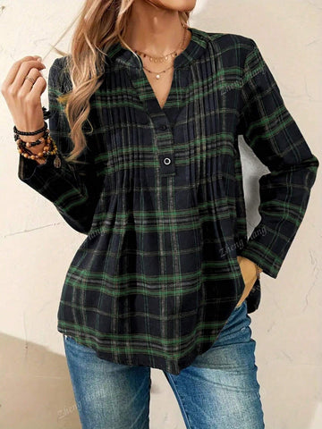 Women's Retro College Style Printed Notch Collar Blouse, Spring & Autumn