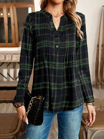 Women's Retro College Style Printed Notch Collar Blouse, Spring & Autumn