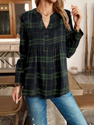 Women's Retro College Style Printed Notch Collar Blouse, Spring & Autumn