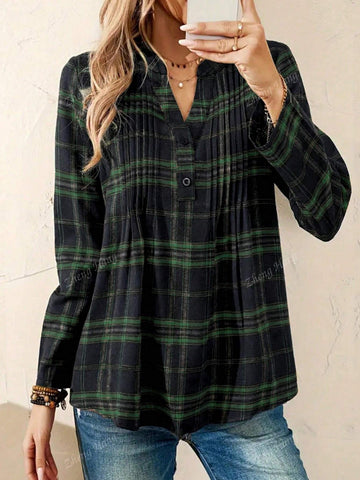 Women's Retro College Style Printed Notch Collar Blouse, Spring & Autumn