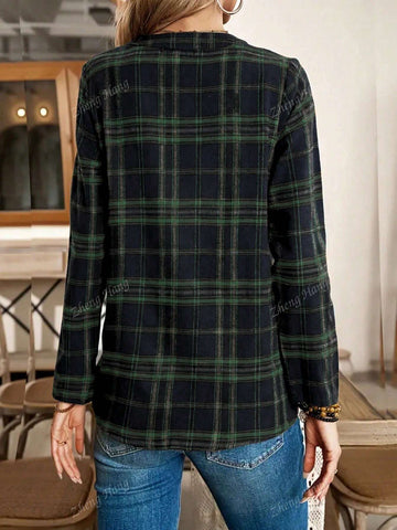 Women's Retro College Style Printed Notch Collar Blouse, Spring & Autumn