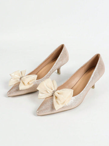 Women's Rhinestone Bow Decor High Heel Shoes, Elegant Pointed Toe Dress High Heels, Fashionable Slip-On
