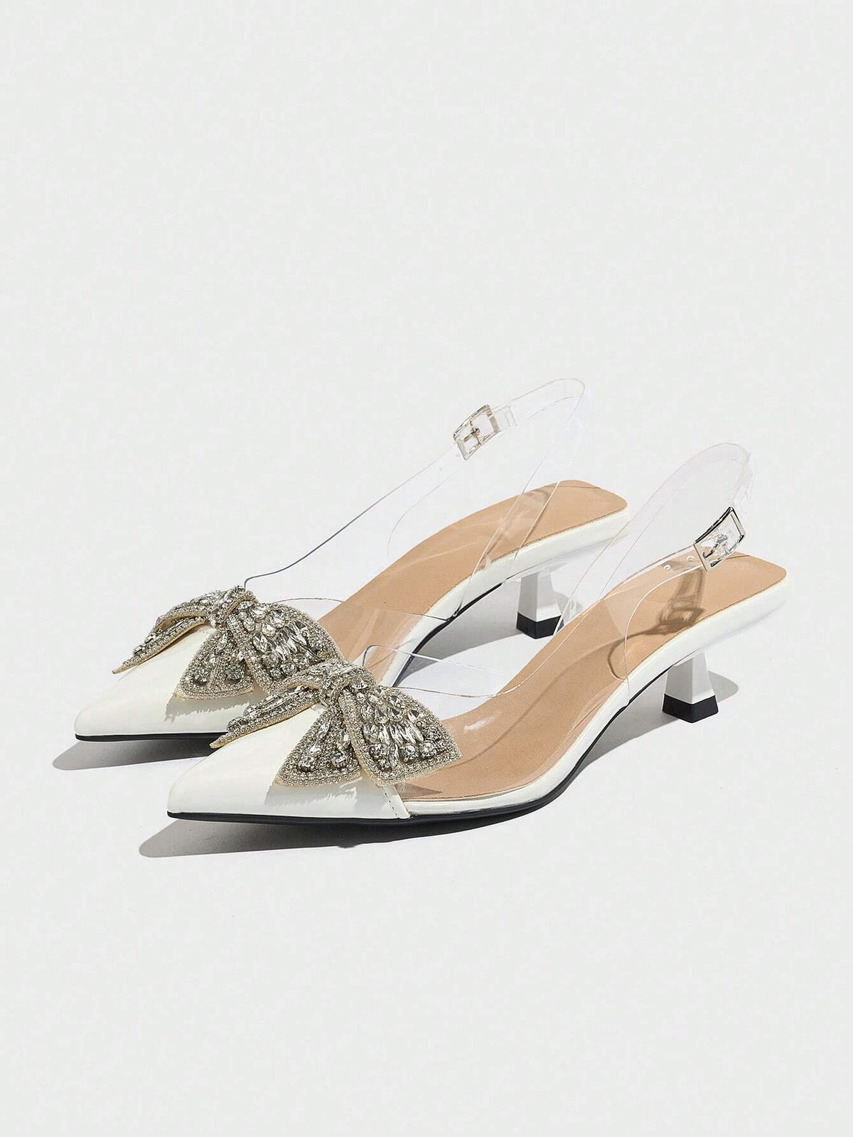 Women's Rhinestone Bow Decor Pointed Toe Transparent High Heel Shoes,Elegant