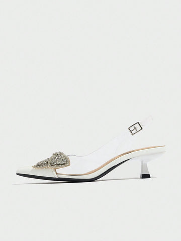 Women's Rhinestone Bow Decor Pointed Toe Transparent High Heel Shoes,Elegant