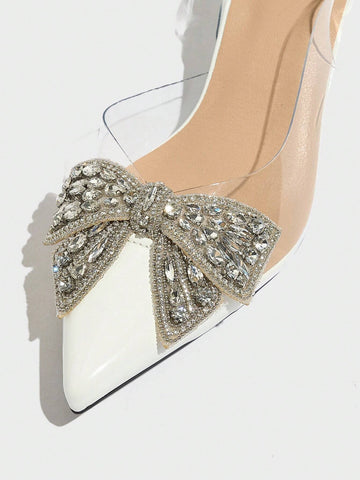 Women's Rhinestone Bow Decor Pointed Toe Transparent High Heel Shoes,Elegant
