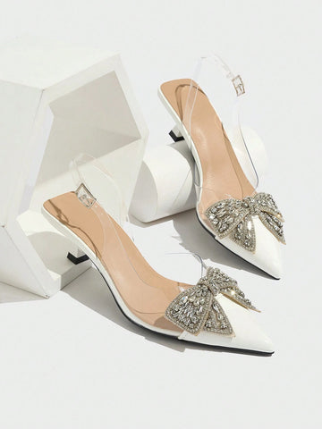 Women's Rhinestone Bow Decor Pointed Toe Transparent High Heel Shoes,Elegant