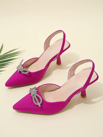 Women's Rhinestone Bow Decoration Pointed Toe Stiletto Heels Pumps For Wedding & Daily Wear