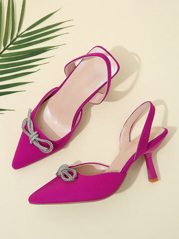 Women's Rhinestone Bow Decoration Pointed Toe Stiletto Heels Pumps For Wedding & Daily Wear