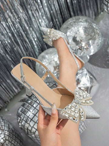 Women's Rhinestone Butterfly Decor Closed Toe High Heel Pumps, Elegant & Comfortable Slip-On Mule