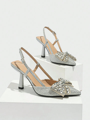 Women's Rhinestone Butterfly Decor Closed Toe High Heel Pumps, Elegant & Comfortable Slip-On Mule