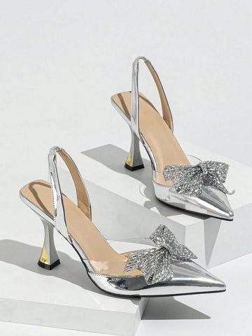 Women's Rhinestone Butterfly Decor Pointed Toe High Heels, Fashion Open Toe Ankle Strap High Heel Sandals For Elegant Party,