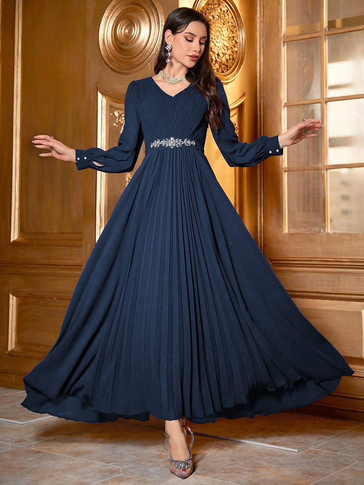 Women's Rhinestone Decorated Pleated Swing Dress