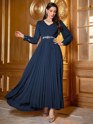 Women's Rhinestone Decorated Pleated Swing Dress