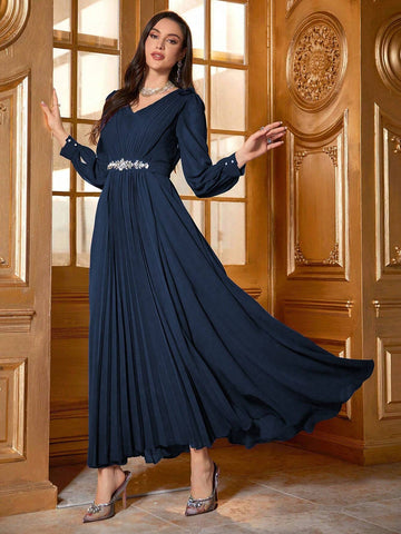Women's Rhinestone Decorated Pleated Swing Dress